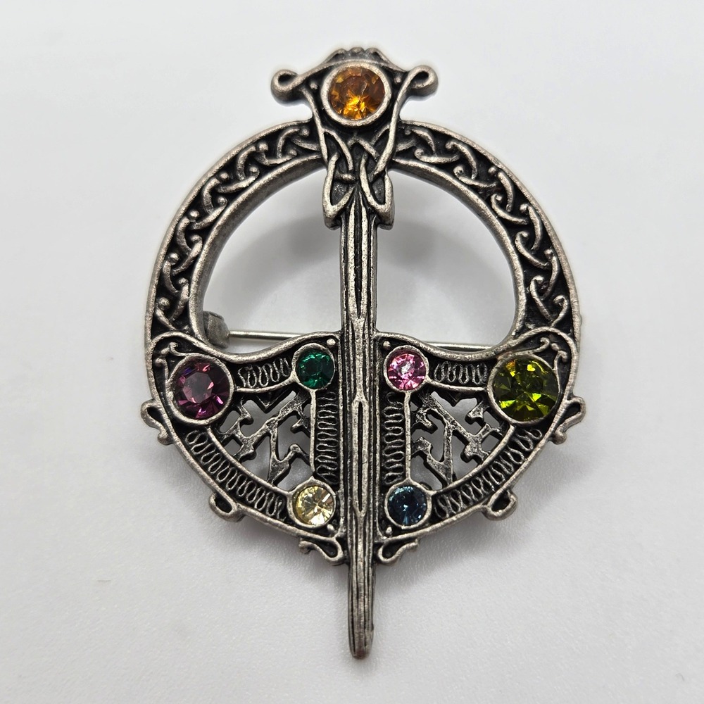 Celtic Sword Shield Brooch Silver Tone Multicolor Rhinestone Pin